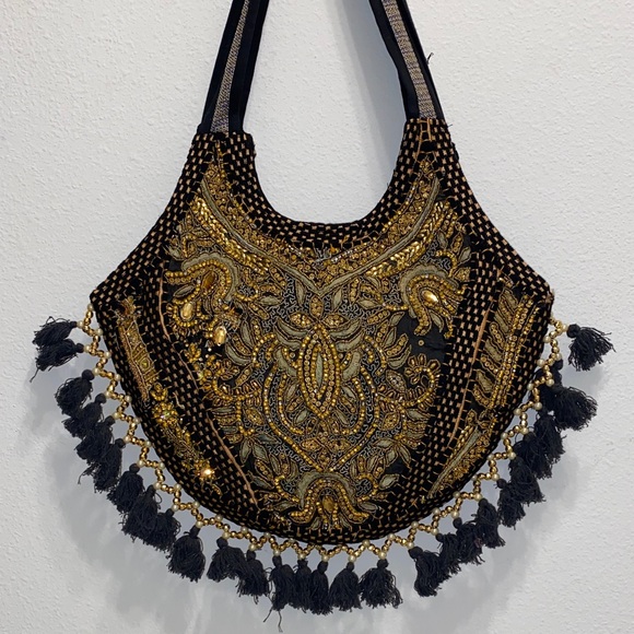 Embroidered Black and Gold Women's Bag - Picture 2 of 5
